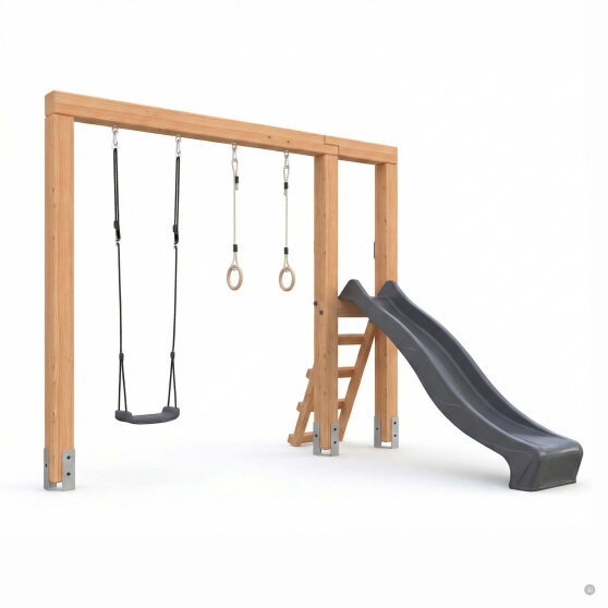 EXIT Linea Massiv 140 Balan&ccedil;oire en bois avec toboggan et anneaux de gymnastique