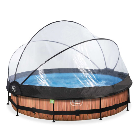 Piscine EXIT Wood ø360x76cm avec pompe filtrante et dôme - marron