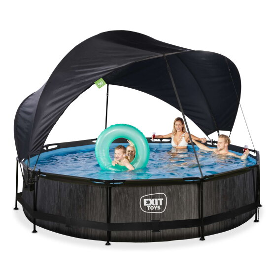 Piscine EXIT Black Wood &oslash;360x76cm avec pompe filtrante et voile d'ombrage - noir
