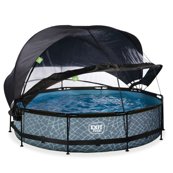 Piscine EXIT Stone &oslash;360x76cm avec pompe filtrante et d&ocirc;me et voile d'ombrage - grise