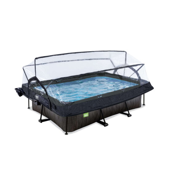 Piscine EXIT Black Wood 220x150x65cm avec pompe filtrante et d&ocirc;me et voile d'ombrage - noir