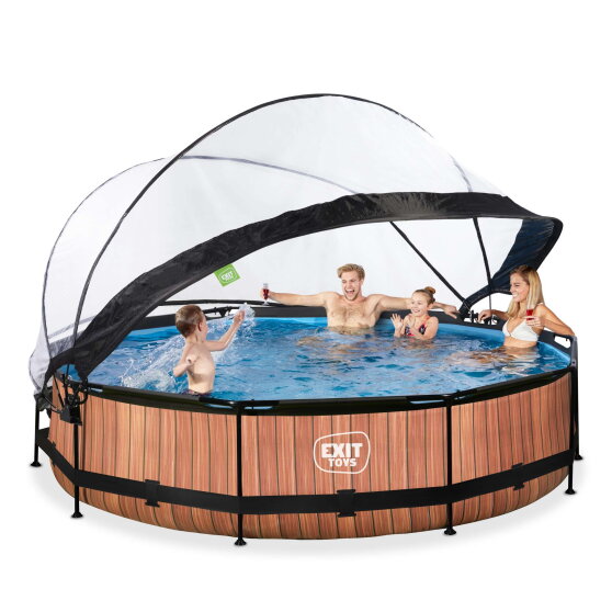 Piscine EXIT Wood ø360x76cm avec pompe filtrante et dôme - marron