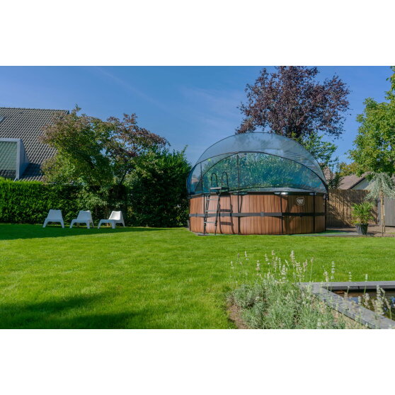 Piscine EXIT Wood &oslash;450x122cm avec pompe filtrante &agrave; sable et d&ocirc;me et pompe &agrave; chaleur - marron