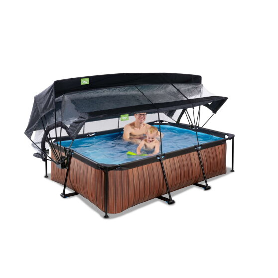 Piscine EXIT Wood 220x150x65cm avec pompe filtrante et d&ocirc;me et voile d'ombrage - marron