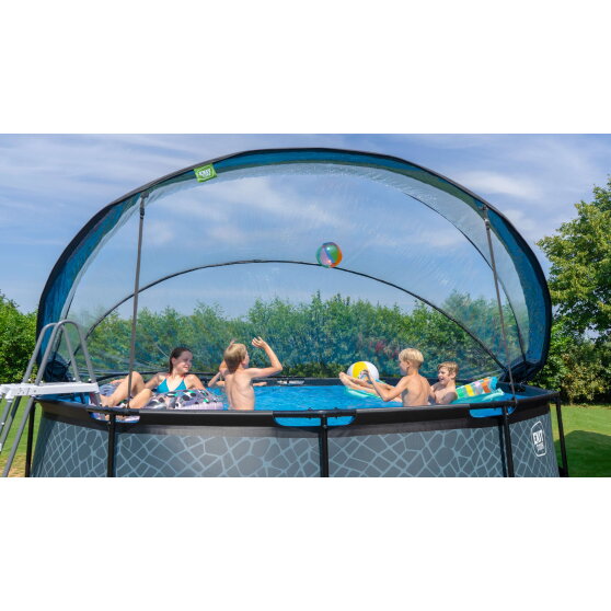 Piscine EXIT Stone ø450x122cm avec pompe filtrante à sable et dôme et pompe à chaleur - grise