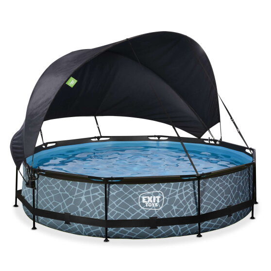 Piscine EXIT Stone &oslash;360x76cm avec pompe filtrante et voile d'ombrage - grise