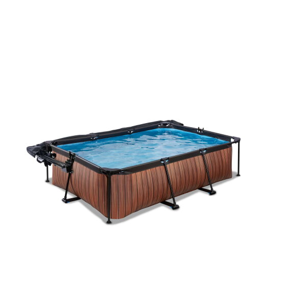 Piscine EXIT Wood 220x150x65cm avec pompe filtrante et d&ocirc;me et voile d'ombrage - marron