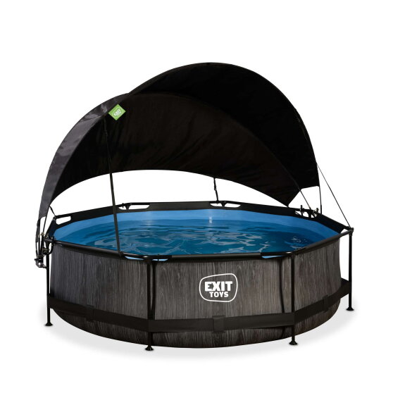 Piscine EXIT Black Wood ø300x76cm avec pompe filtrante et voile d'ombrage - noir