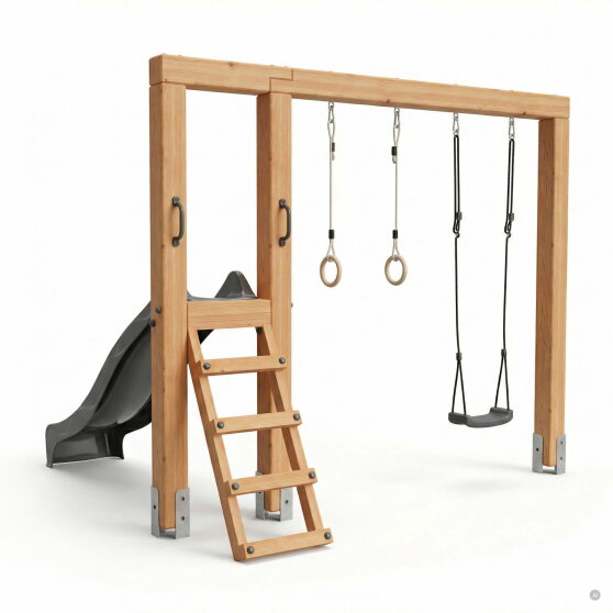 EXIT Linea Massiv 140 Balan&ccedil;oire en bois avec toboggan et anneaux de gymnastique