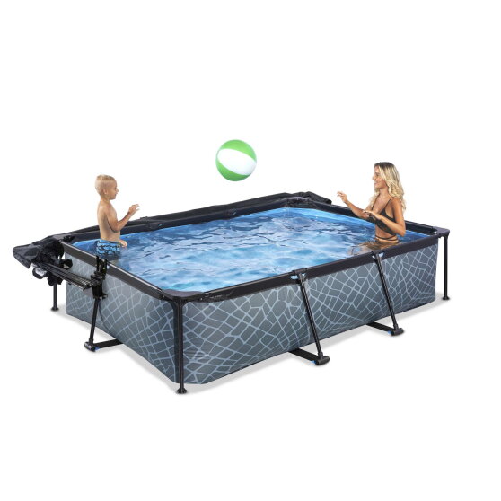 Piscine EXIT Stone 300x200x65cm avec pompe filtrante et d&ocirc;me et voile d'ombrage - grise