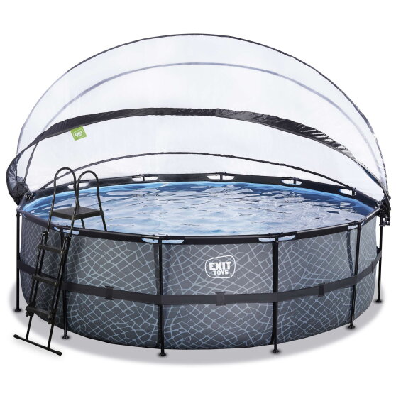 Piscine EXIT Stone &oslash;450x122cm avec pompe filtrante &agrave; sable et d&ocirc;me et pompe &agrave; chaleur - grise