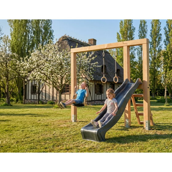 EXIT Linea Massiv 140 Balan&ccedil;oire en bois avec toboggan et anneaux de gymnastique