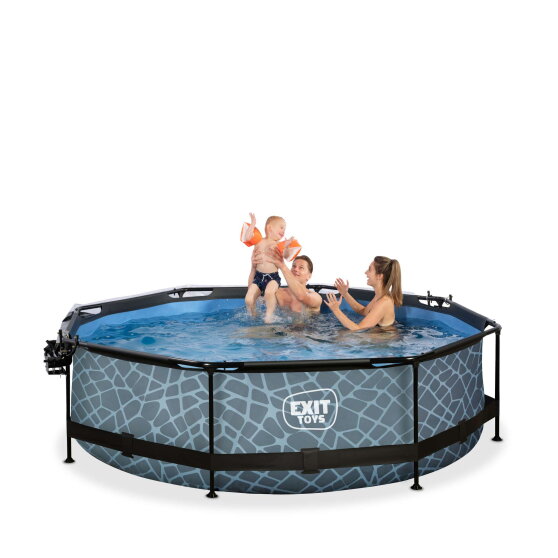 Piscine EXIT Stone &oslash;300x76cm avec pompe filtrante et d&ocirc;me et voile d'ombrage - grise