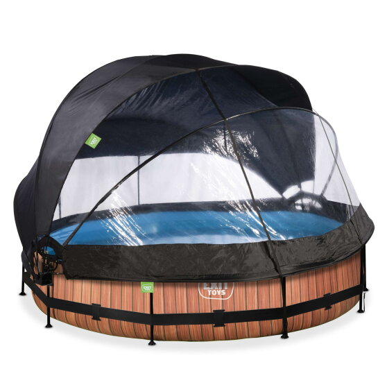 Piscine EXIT Wood &oslash;360x76cm avec pompe filtrante et d&ocirc;me et voile d'ombrage - marron