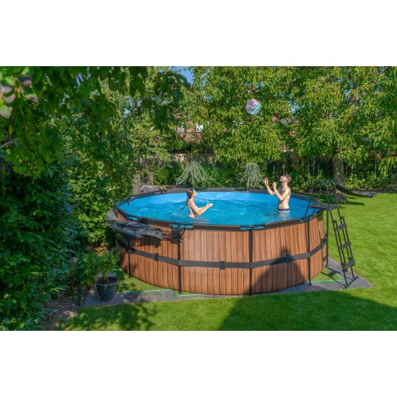 Piscine EXIT Wood ø450x122cm avec pompe filtrante à sable - marron