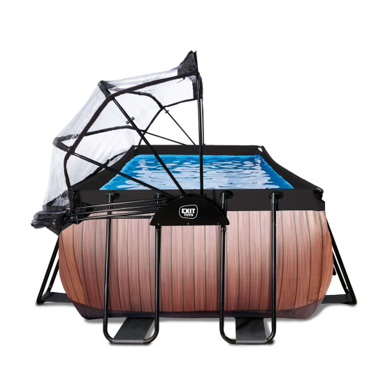 Piscine EXIT Wood 400x200x122cm avec pompe filtrante &agrave; sable et d&ocirc;me et pompe &agrave; chaleur - marron