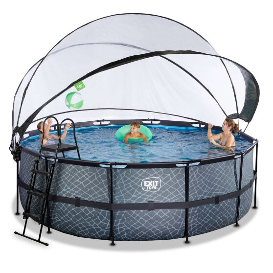 Piscine EXIT Stone ø427x122cm avec pompe filtrante à sable et dôme et pompe à chaleur - grise
