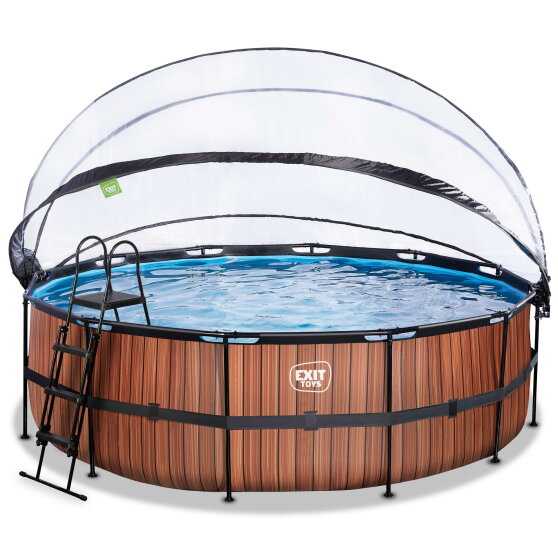 Piscine EXIT Wood &oslash;450x122cm avec pompe filtrante &agrave; sable et d&ocirc;me et pompe &agrave; chaleur - marron