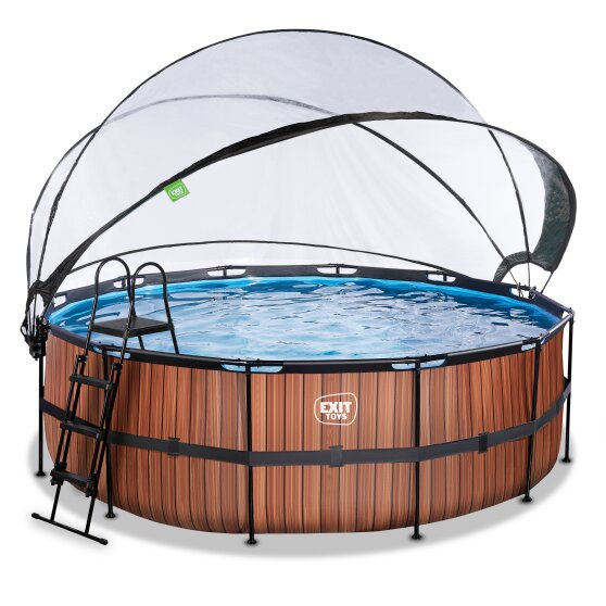 Piscine EXIT Wood ø427x122cm avec pompe filtrante à sable et dôme et pompe à chaleur - marron