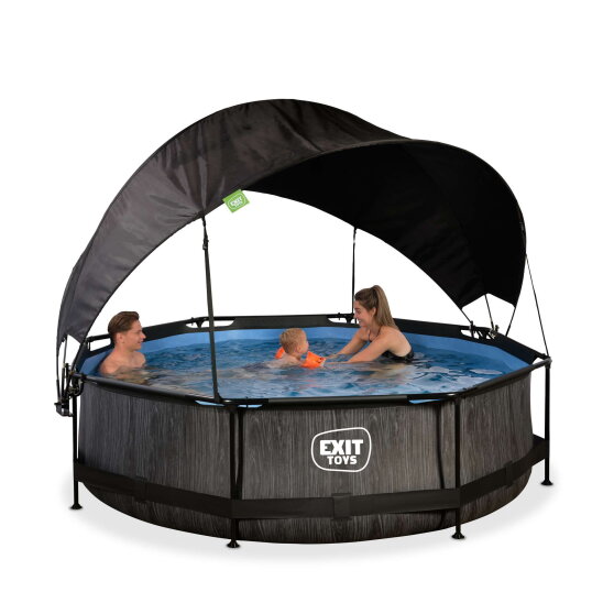 Piscine EXIT Black Wood &oslash;300x76cm avec pompe filtrante et voile d'ombrage - noir