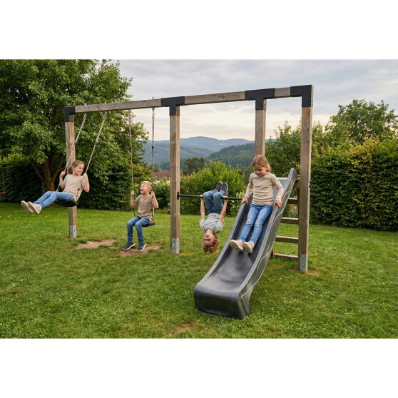 EXIT Linea Robust 110 Balan&ccedil;oire double en bois avec barre fixe et toboggan