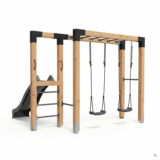 EXIT Linea Robust 110 Barre de singe en bois avec balan&ccedil;oire double et toboggan