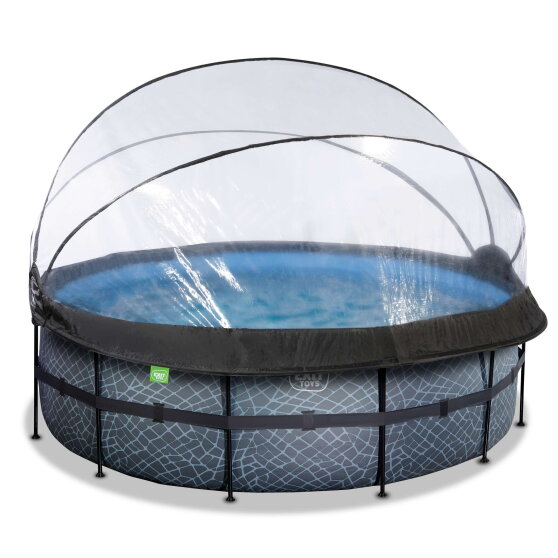 Piscine EXIT Stone ø427x122cm avec pompe filtrante à sable et dôme et pompe à chaleur - grise