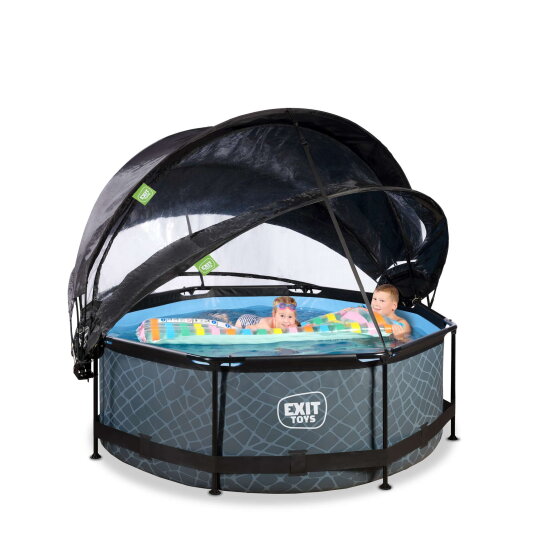 Piscine EXIT Stone ø244x76cm avec pompe filtrante et dôme et voile d'ombrage - grise