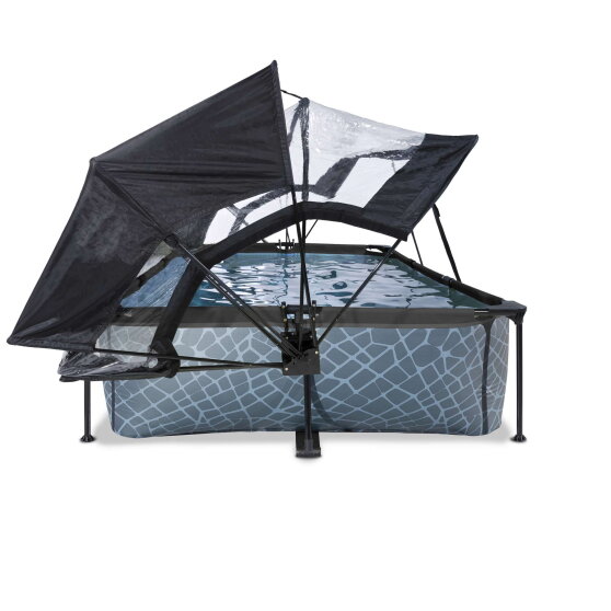 Piscine EXIT Stone 300x200x65cm avec pompe filtrante et d&ocirc;me et voile d'ombrage - grise
