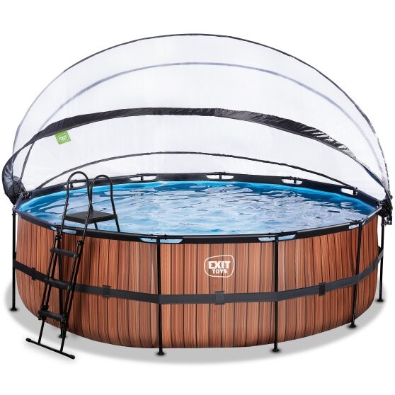 Piscine EXIT Wood ø488x122cm avec pompe filtrante à sable et dôme et pompe à chaleur - marron