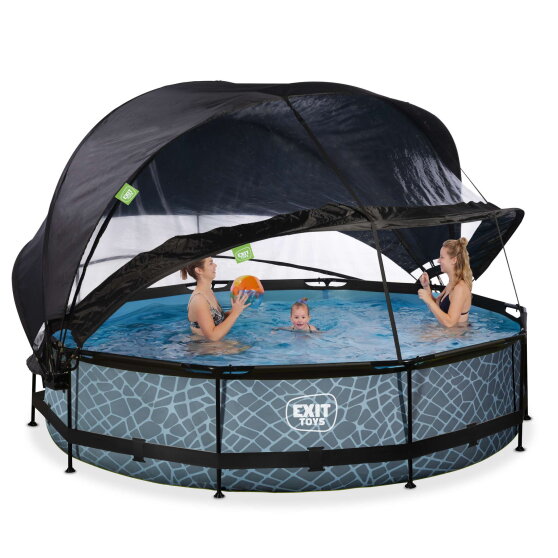 Piscine EXIT Stone &oslash;360x76cm avec pompe filtrante et d&ocirc;me et voile d'ombrage - grise