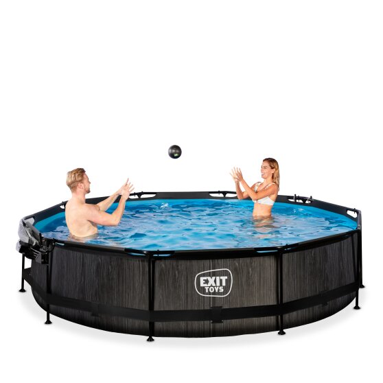 Piscine EXIT Black Wood ø360x76cm avec pompe filtrante et dôme - noir