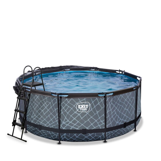 Piscine EXIT Stone &oslash;360x122cm avec pompe filtrante &agrave; sable et d&ocirc;me et pompe &agrave; chaleur - grise