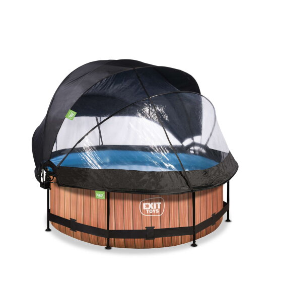 Piscine EXIT Wood &oslash;244x76cm avec pompe filtrante et d&ocirc;me et voile d'ombrage - marron