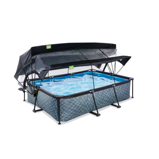 Piscine EXIT Stone 220x150x65cm avec pompe filtrante et d&ocirc;me et voile d'ombrage - grise