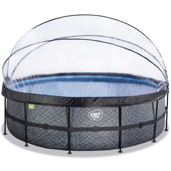 Piscine EXIT Stone ø488x122cm avec pompe filtrante à sable et dôme et pompe à chaleur - grise