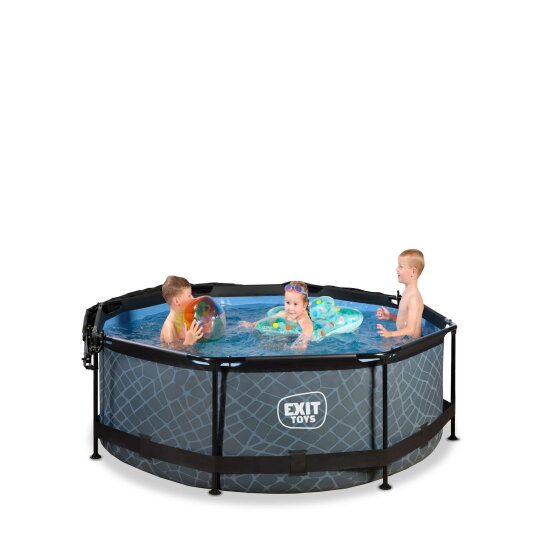 Piscine EXIT Stone ø244x76cm avec pompe filtrante et voile d'ombrage - grise
