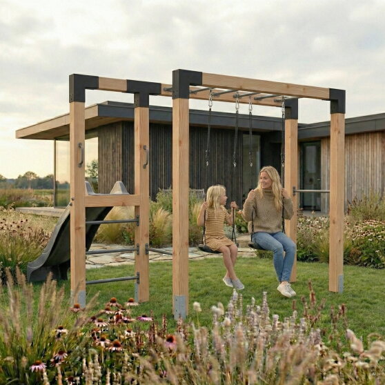 EXIT Linea Robust 110 Barre de singe en bois avec balan&ccedil;oire double et toboggan