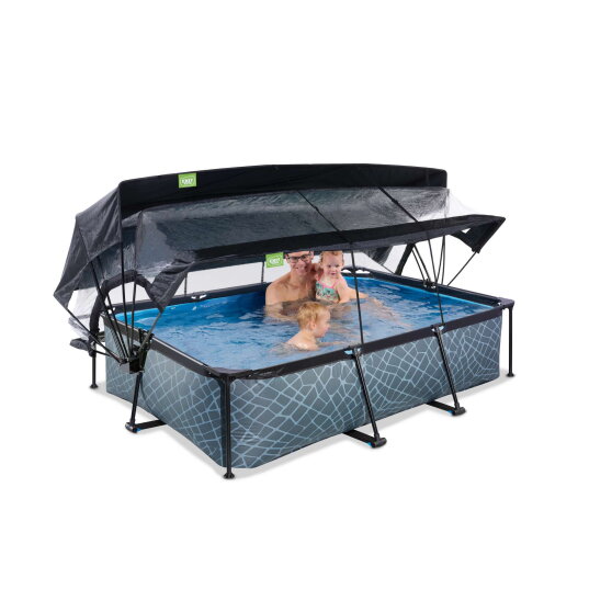 Piscine EXIT Stone 220x150x65cm avec pompe filtrante et dôme et voile d'ombrage - grise