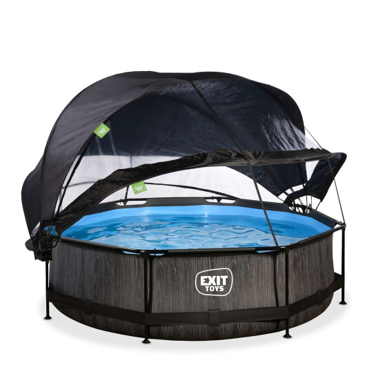 Piscine EXIT Black Wood &oslash;300x76cm avec pompe filtrante et d&ocirc;me et voile d'ombrage - noir