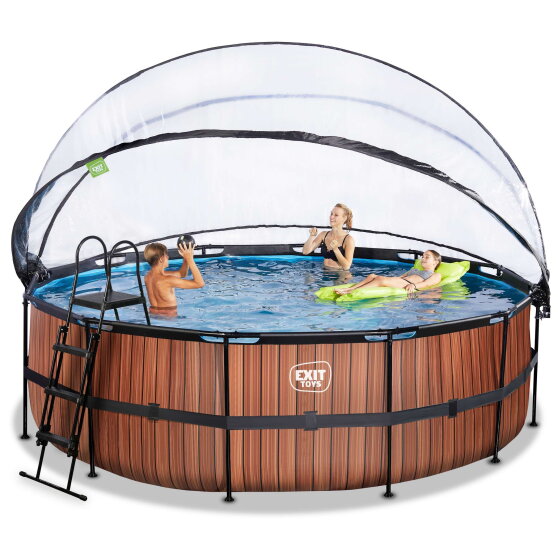Piscine EXIT Wood &oslash;450x122cm avec pompe filtrante &agrave; sable et d&ocirc;me et pompe &agrave; chaleur - marron