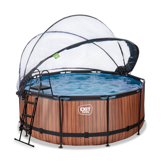 Piscine EXIT Wood ø360x122cm avec pompe filtrante à sable et dôme et pompe à chaleur - marron