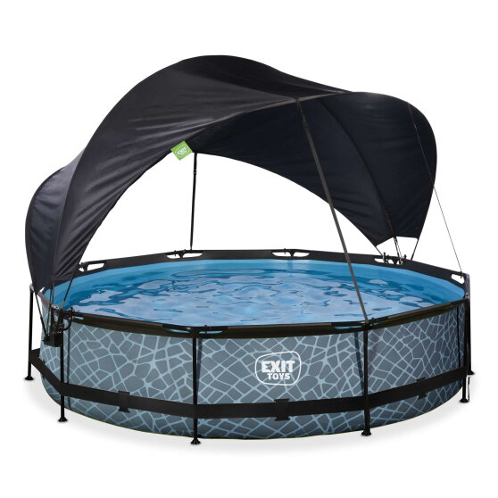 Piscine EXIT Stone &oslash;360x76cm avec pompe filtrante et voile d'ombrage - grise