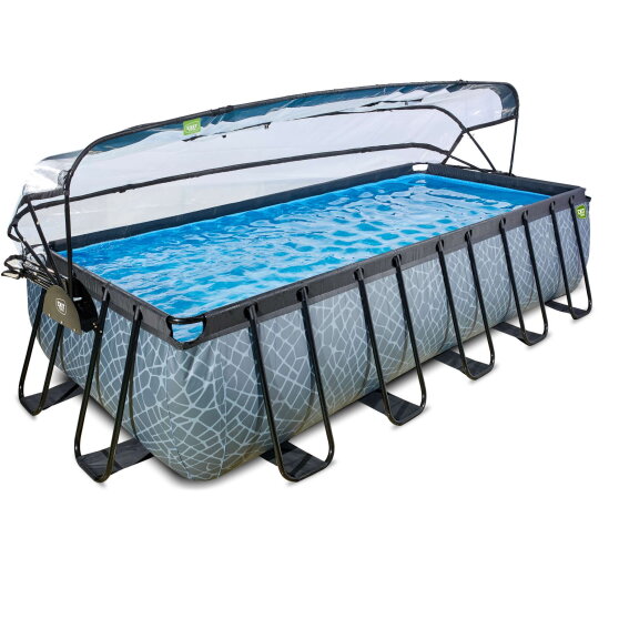 Piscine EXIT Stone 540x250x122cm avec pompe filtrante &agrave; sable et d&ocirc;me et pompe &agrave; chaleur - grise