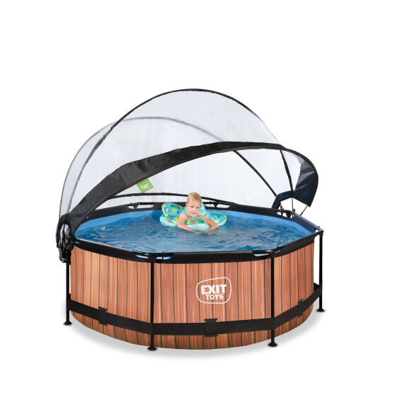 Piscine EXIT Wood ø244x76cm avec pompe filtrante et dôme - marron