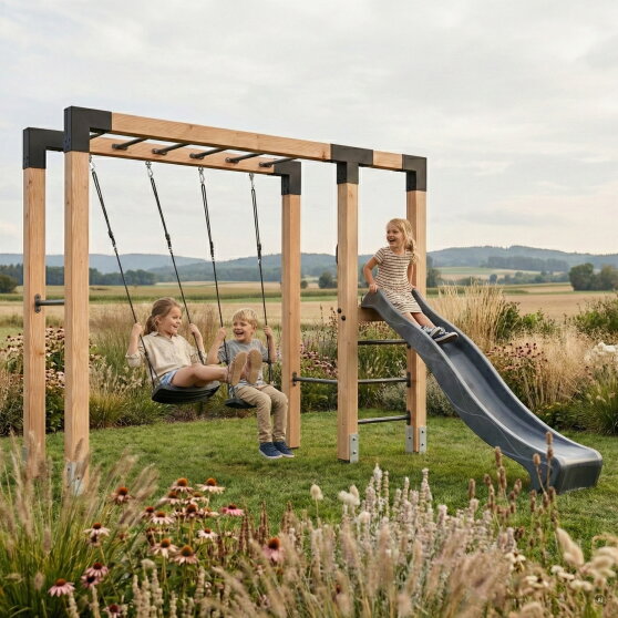 EXIT Linea Robust 110 Barre de singe en bois avec balan&ccedil;oire double et toboggan