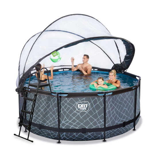Piscine EXIT Stone ø360x122cm avec pompe filtrante à sable et dôme - grise