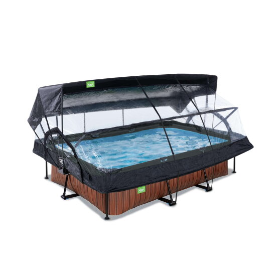 Piscine EXIT Wood 220x150x65cm avec pompe filtrante et d&ocirc;me et voile d'ombrage - marron
