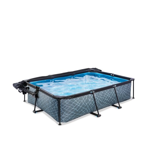 Piscine EXIT Stone 220x150x65cm avec pompe filtrante et dôme et voile d'ombrage - grise