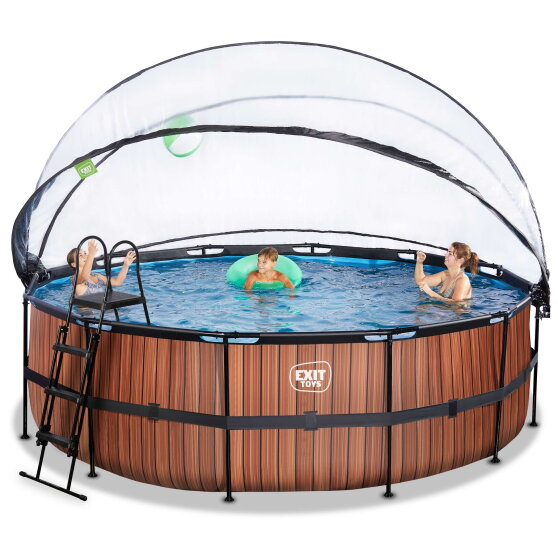 Piscine EXIT Wood &oslash;450x122cm avec pompe filtrante &agrave; sable et d&ocirc;me et pompe &agrave; chaleur - marron